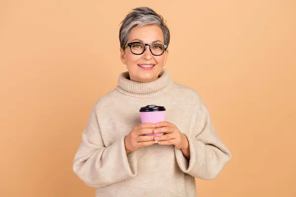 Portrait Lovely Positive Lady Toothy Smile Hold Fresh Coffee Cup — Stock Photo, Image