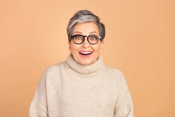 Portrait Positive Astonished Aged Lady Beaming Smile Unbelievable News Isolated — Stock Photo, Image