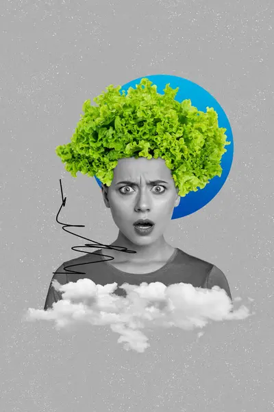 Vertical creative collage picture illustration image black white filter amazed stressful unhappy young lady wig salad exclusive banner.