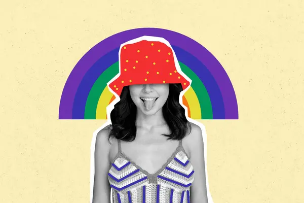 创意拼贴图片说明单色效果快乐快乐的年轻女性支持Lgbtq社区骄傲月模板 — 图库照片