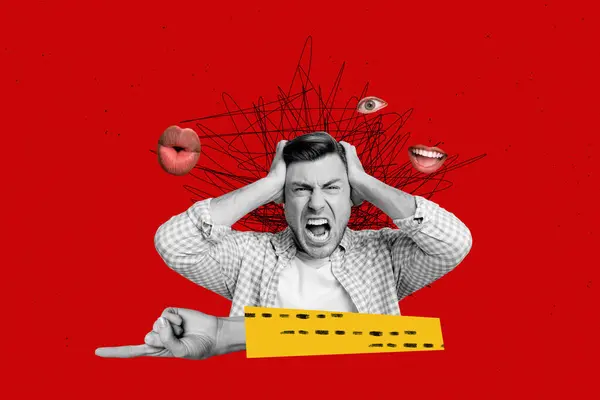 Photo Collage Depressed Funny Man Cover Ears Screaming People Mouths — Stock Photo, Image