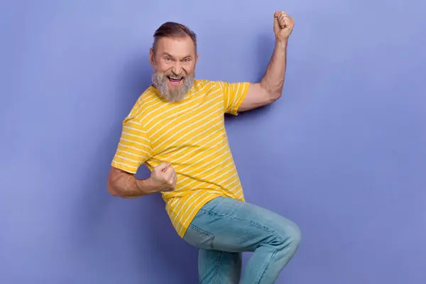 Photo Ecstatic Crazy Senior Man White Beard Dressed Striped Shirt — Stock Photo, Image