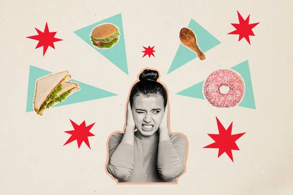 一个疯狂的 恼怒的年轻女孩用手捂住耳朵 试图避免吃快餐食品的横向滑稽组合合影拼贴 — 图库照片