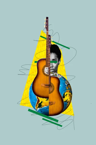 Vertikale Kreative Zusammengesetzte Fotocollage Von Afrikanisch Amerikanischen Frau Spielen Gitarre — Stockfoto