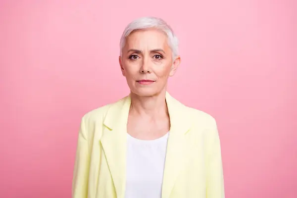 Portrait of general director logistics company mature age white hair business lady in yellow suit isolated over pink color background.