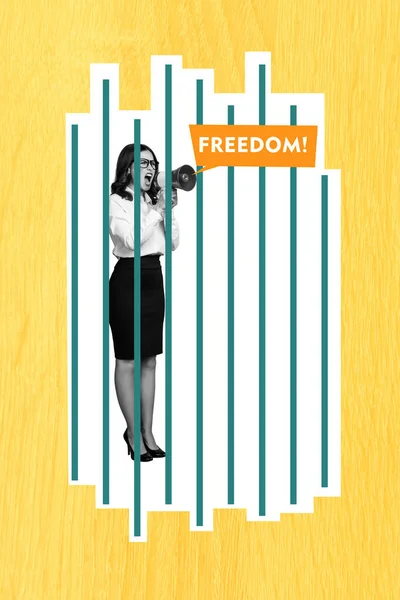 Photo Collage Croquis Femme Colère Dans Cage Tenir Bullhorn Criant — Photo