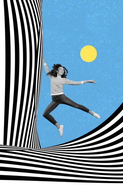 舞蹈芭蕾舞女 兴奋怪诞怪诞怪诞奇幻广告牌的垂直创意拼贴图像 — 图库照片