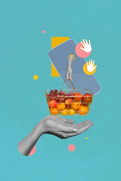 Vertical Collage Picture Human Hands Carry Goods Cart Discount Fruits — Stock Photo, Image