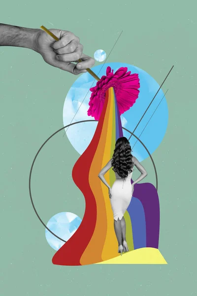 Vertical Creative Collage Image Rainbow Dreaming Female Figure Flower Dating — Stock Photo, Image