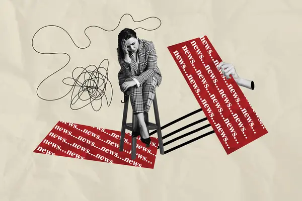Foto Collage Illustratie Zittend Jonge Vrouw Wanhoop Gevoel Depressie Benadrukt — Stockfoto
