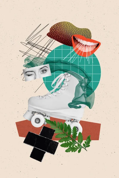 Retro Creative Artwork Template Collage Lady Winking Eyes Quadro Skate — Stock Photo, Image