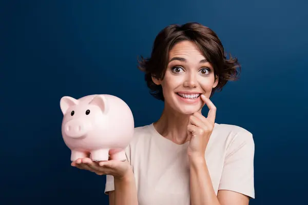 Photo Portrait Pretty Young Girl Hold Interested Piggy Savings Wear — Stock Photo, Image