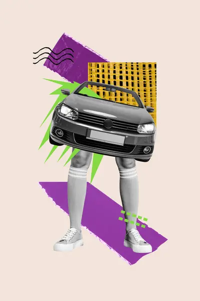 Composiet Collage Beeld Van Auto Vrouwelijke Benen Kousen Mooi Rijdend — Stockfoto