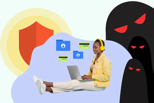 Collage Creativo Joven Sentada Chica Navegando Ordenador Portátil Internet Seguridad — Foto de Stock
