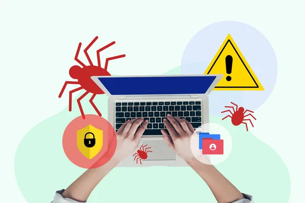 Photo collage illustration internet web security online safety typing laptop pc computer attention sign antivirus bug protection.