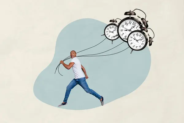 Creative Photo Collage Young Man Running Walking Hold Clock Alarm — Stock Photo, Image
