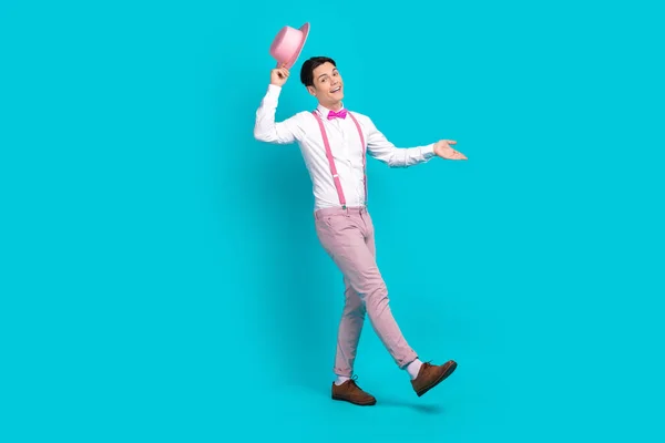 Full Length Photo Cheerful Man Dressed Pants Suspenders Take Pink — Stock Photo, Image