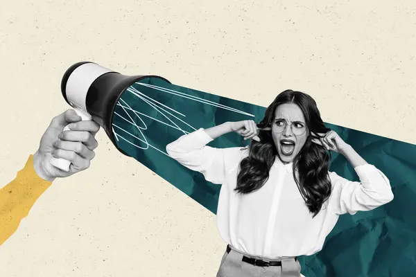 Collage Young Annoyed Businesswoman Suffer Noisy Bullhorn Loudspeaker Announcement Proclaim — Stock Photo, Image