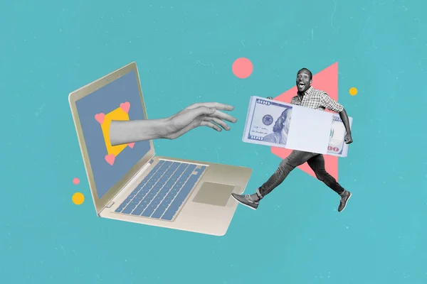 面白い男の複雑なコラージュ画像は 銀行券を保持するオンラインショップ奇妙な奇妙な異常なファンタジーの掲示板 — ストック写真