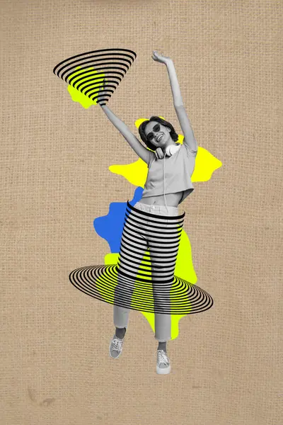 Vertical Colagem Criativa Imagem Menina Engraçada Sorrindo Alegre Divertir Dança — Fotografia de Stock