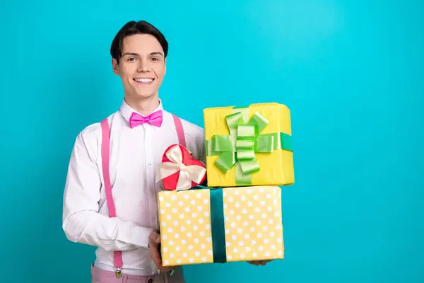 Photo Portrait Pretty Young Male Hold Gift Boxes Pile Receive — Stock Photo, Image