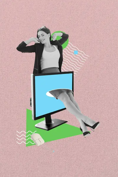 Ретро Абстрактный Творческий Шаблон Рисунка Коллаж Расслабленной Женщины Монитор Компьютер — стоковое фото