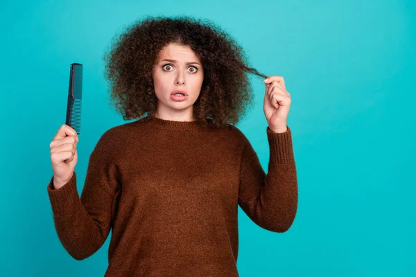 Photo Portrait Lovely Young Lady Hold Comb Frightened Reaction Dressed — Stock Photo, Image