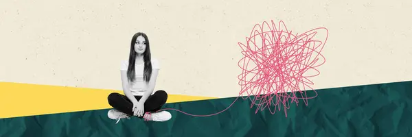 Photo Collage Obraz Młody Siedzi Dziewczyna Depresja Uczucie Negatywne Emocje — Zdjęcie stockowe