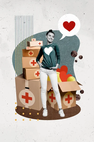 Изображение Коллажа Улыбающейся Счастливой Улыбающейся Леди Собирающей Красный Крест Помогает — стоковое фото