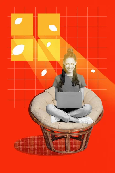Creative abstract template collage of young female sit comfy room window sunshine work remotely browsing surrealism magazine metaphor sketch.