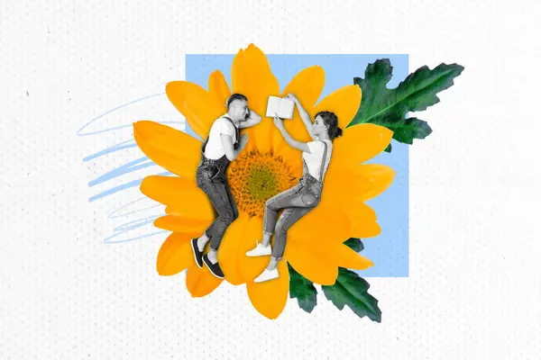 Horizontal Foto Surreal Colagem Casal Deitado Flor Amarela Gigante Ler — Fotografia de Stock
