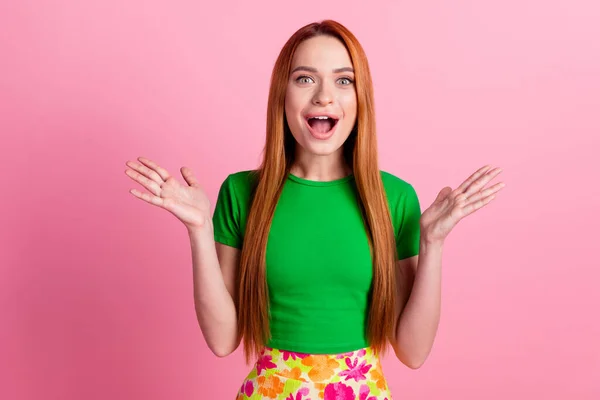 Portrait Overjoyed Funky Girl Redhead Hair Wear Stylish Top Raising — Stock Photo, Image