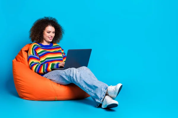 Full Length Photo Lovely Young Lady Sit Beanbag Hold Netbook — Stock Photo, Image