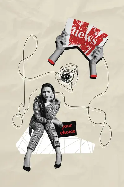 立意创意拼贴照片坐立不安年轻女子双臂抱着新闻标志虚假宣传煽动背景 — 图库照片