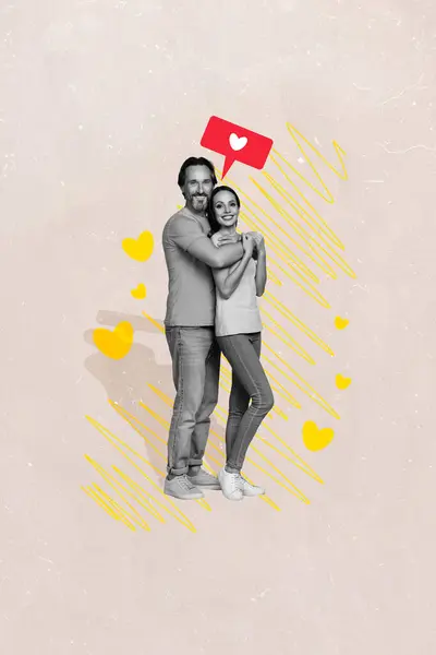 妻と夫の垂直クリエイティブな写真コラージュ 背景を描く通知のような幸せな笑顔の愛の物語 — ストック写真
