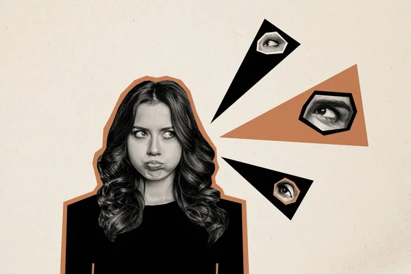 Collage Ilustración Pie Joven Molesta Niña Malestar Sensación Espionaje Cara —  Fotos de Stock