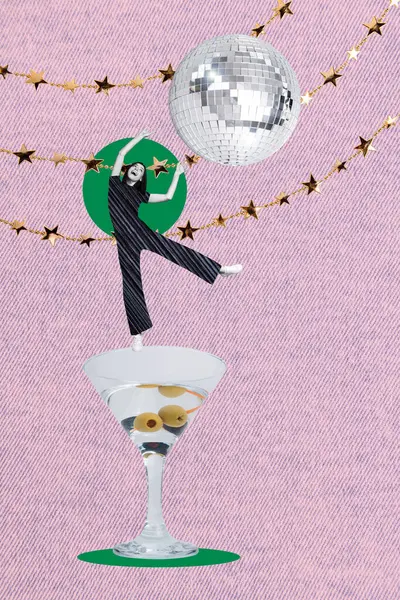 Photo Artwork Graphics Collage Painting Cheerful Funky Lady Enjoying Martini — Stock Photo, Image