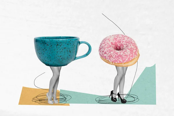 两个人的水平创意图片拼贴模板与茶杯 甜甜圈 女性朋友完美早餐画图背景 — 图库照片