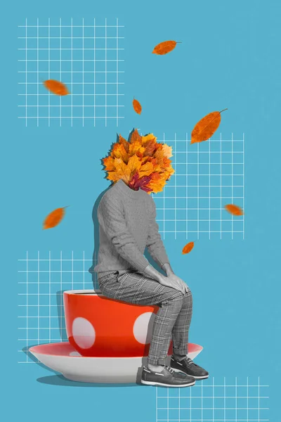 Vertical creative collage banner sitting young man depressed bad mood autumn anxiety falling golden leaves coffee cup drawing background.