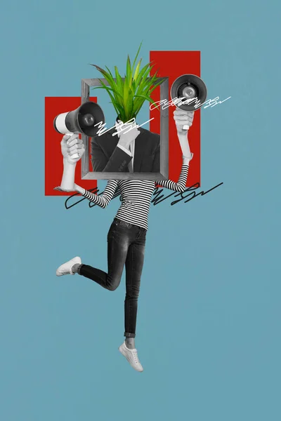Kreatywny Rysunek Collage Obraz Śmieszne Kobiety Ramki Zamiast Głowy Roślin — Zdjęcie stockowe