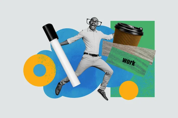 コラージュ創造的なイラスト ブラックホワイトフィルター 幸せな興奮する喜びの若者ステップ コーヒー ブレイク大市場排他的なテンプレート — ストック写真