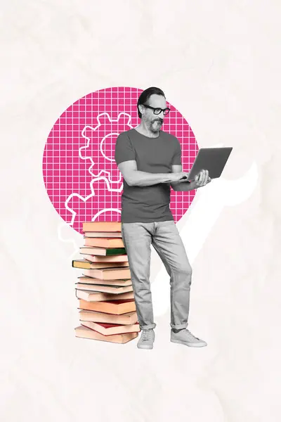 Collage Artwork Graphics Picture Confident Guy Choosing Book Online Library — Stock Photo, Image