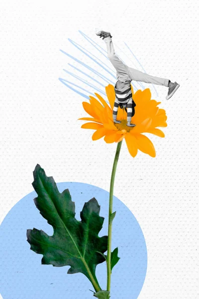 垂直コラージュクリエイティブポスターブラックホワイトフィルター小さな男の子ダンスヒップホップフリースタイル趣味ミニチュア学校巨大な花テンプレート — ストック写真