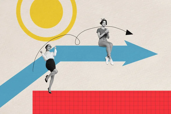 Kreative Trend Collage Aus Teamwork Mädchen Pfeilpunkt Arbeitenden Unternehmen Motivation — Stockfoto