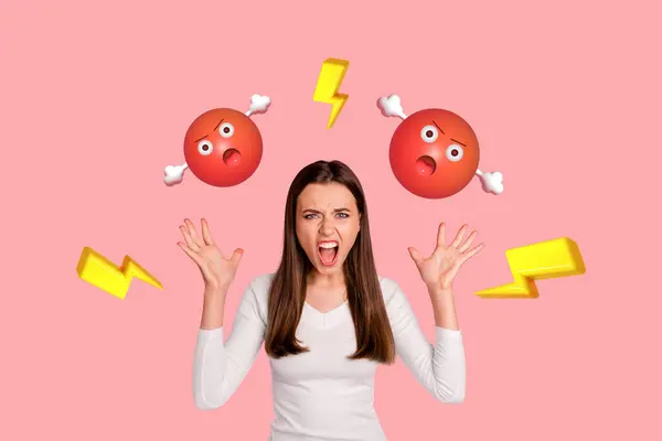 怒っている怒っている怒っている女性の3Dピンアップのポップスケッチ画像 ピンク色の背景を隔離した期間 — ストック写真