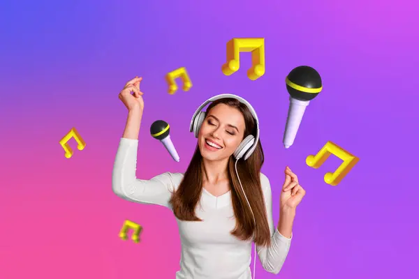 3d photo artwork graphics collage painting of dreamy happy lady listening music headphones isolated pink violet purple color background.