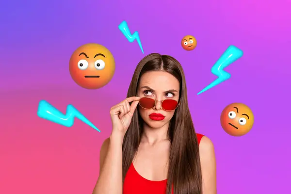 Image creative collage poster of unhappy amazed girl feel anger dissatisfied with wtf 3d emoticons.
