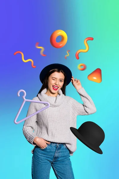 Diseño Creativo Gráficos Ofrecen Collage Hermosa Chica Desgaste Sombrero Negro —  Fotos de Stock