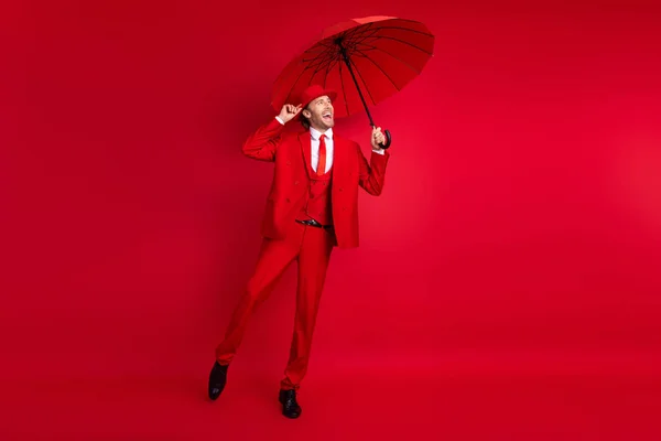 Full Length Photo Elegant Young Male Dancing Musical Performance Umbrella — Stock Photo, Image