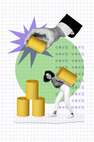 Vertical surreal photo collage of cheerful miniature woman carry big stack of golden coins giant arm gives pile of cash income profit.